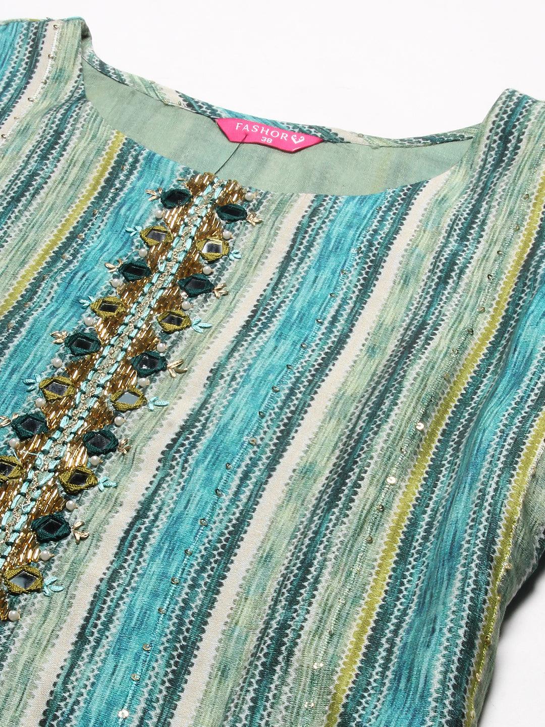 Abstract Striped Mirror Embroidered Kurta With Pants & Sequined Dupatta - Green - Indiakreations