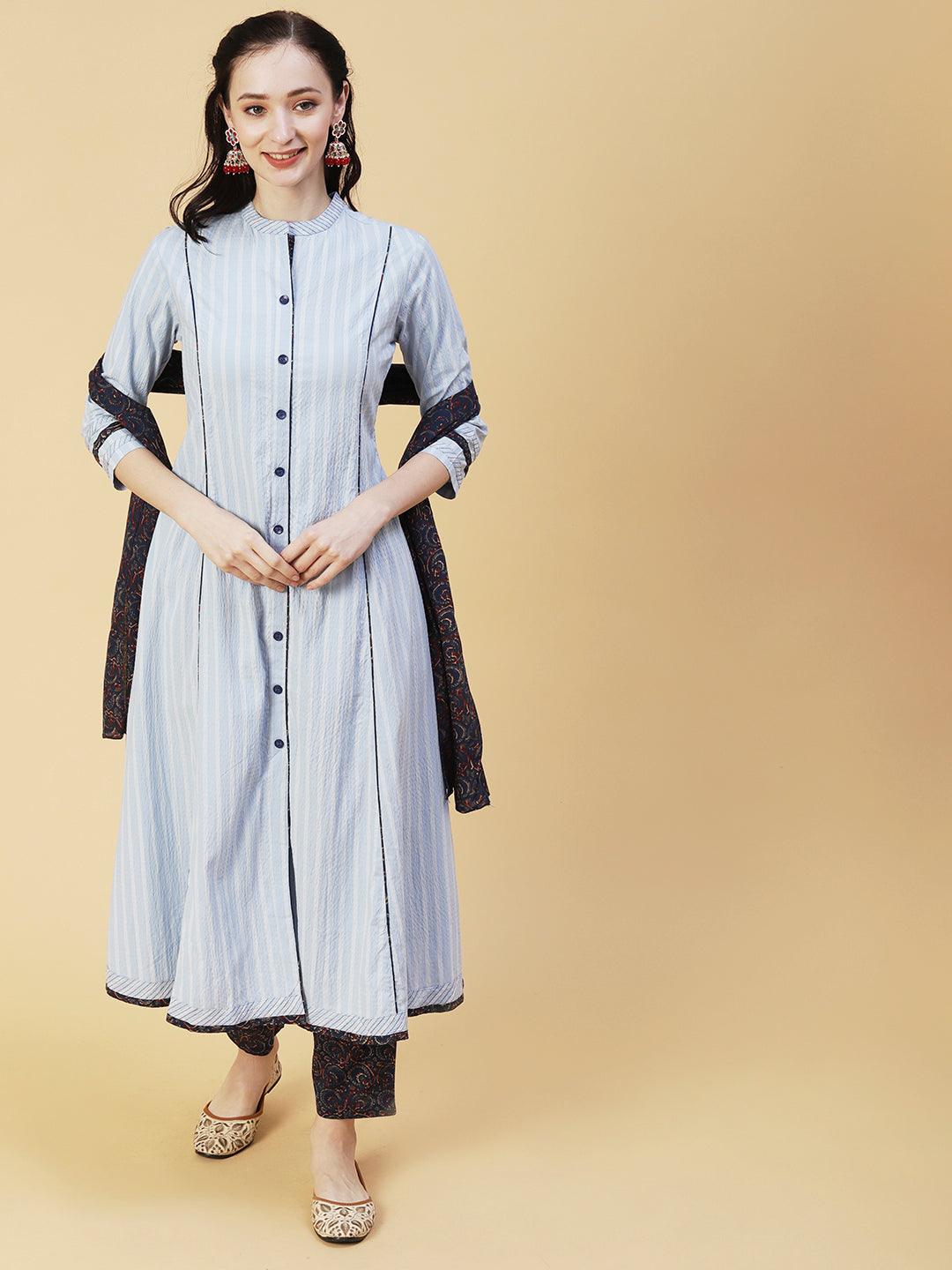 Solid Striped A-Line Panelled Kurta with Pant & Dupatta - Sky Blue - Indiakreations