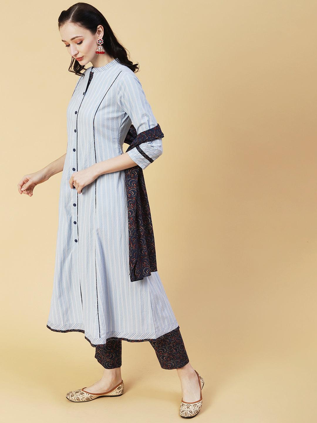 Solid Striped A-Line Panelled Kurta with Pant & Dupatta - Sky Blue - Indiakreations