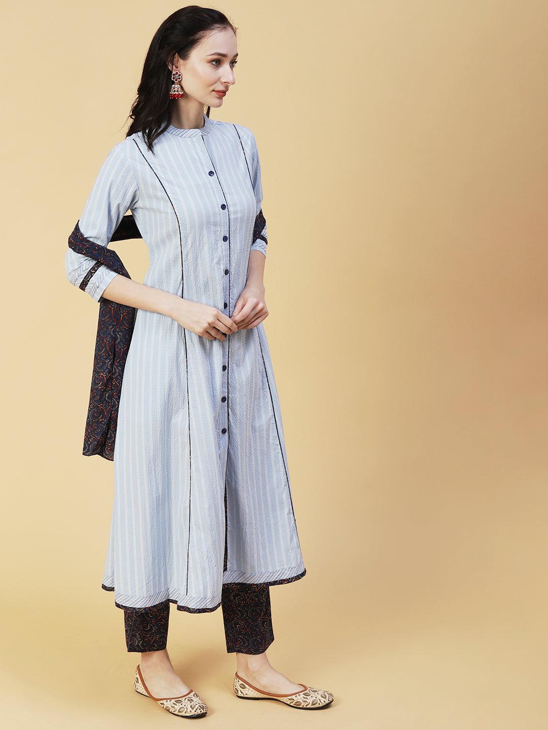 Solid Striped A-Line Panelled Kurta with Pant & Dupatta - Sky Blue - Indiakreations