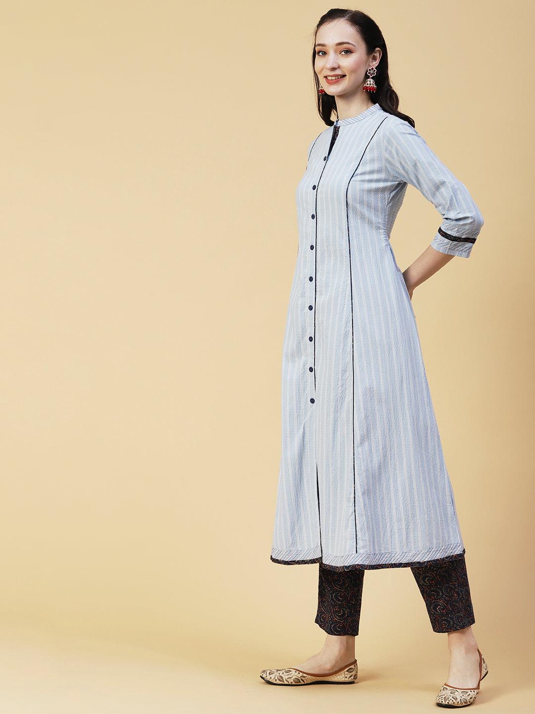 Solid Striped A-Line Panelled Kurta with Pant & Dupatta - Sky Blue - Indiakreations