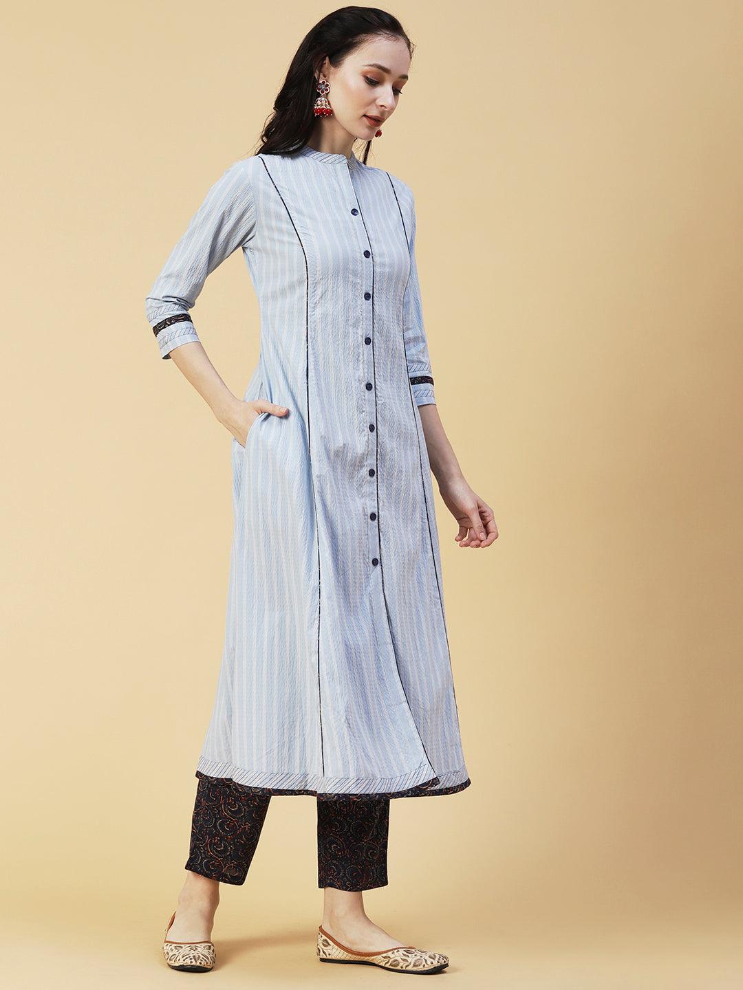 Solid Striped A-Line Panelled Kurta with Pant & Dupatta - Sky Blue - Indiakreations