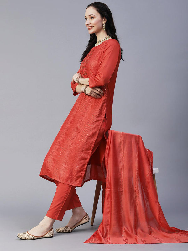 Solid Resham & Sequins Embroidered Kurta With Pants & Embroidered Dupatta - Orange - Indiakreations