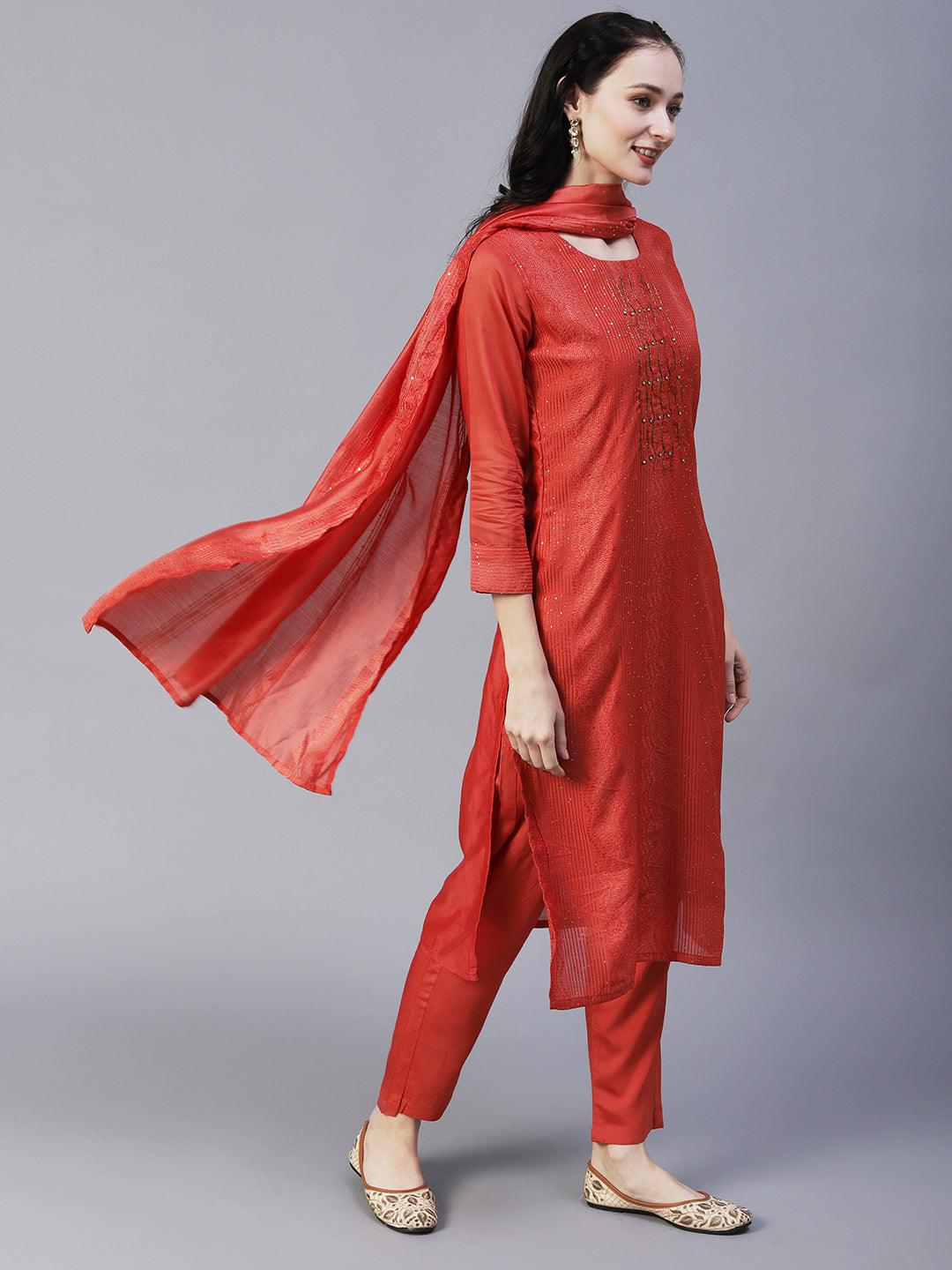 Solid Resham & Sequins Embroidered Kurta With Pants & Embroidered Dupatta - Orange - Indiakreations