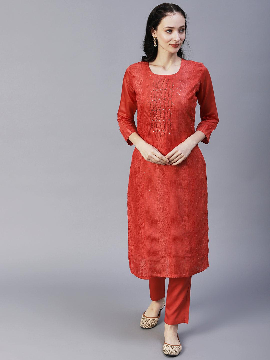 Solid Resham & Sequins Embroidered Kurta With Pants & Embroidered Dupatta - Orange - Indiakreations