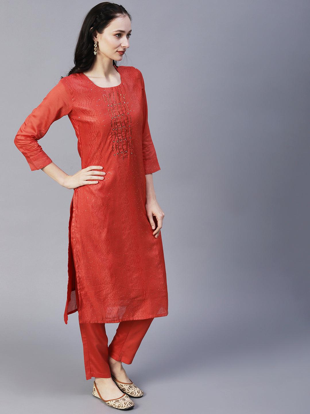 Solid Resham & Sequins Embroidered Kurta With Pants & Embroidered Dupatta - Orange - Indiakreations