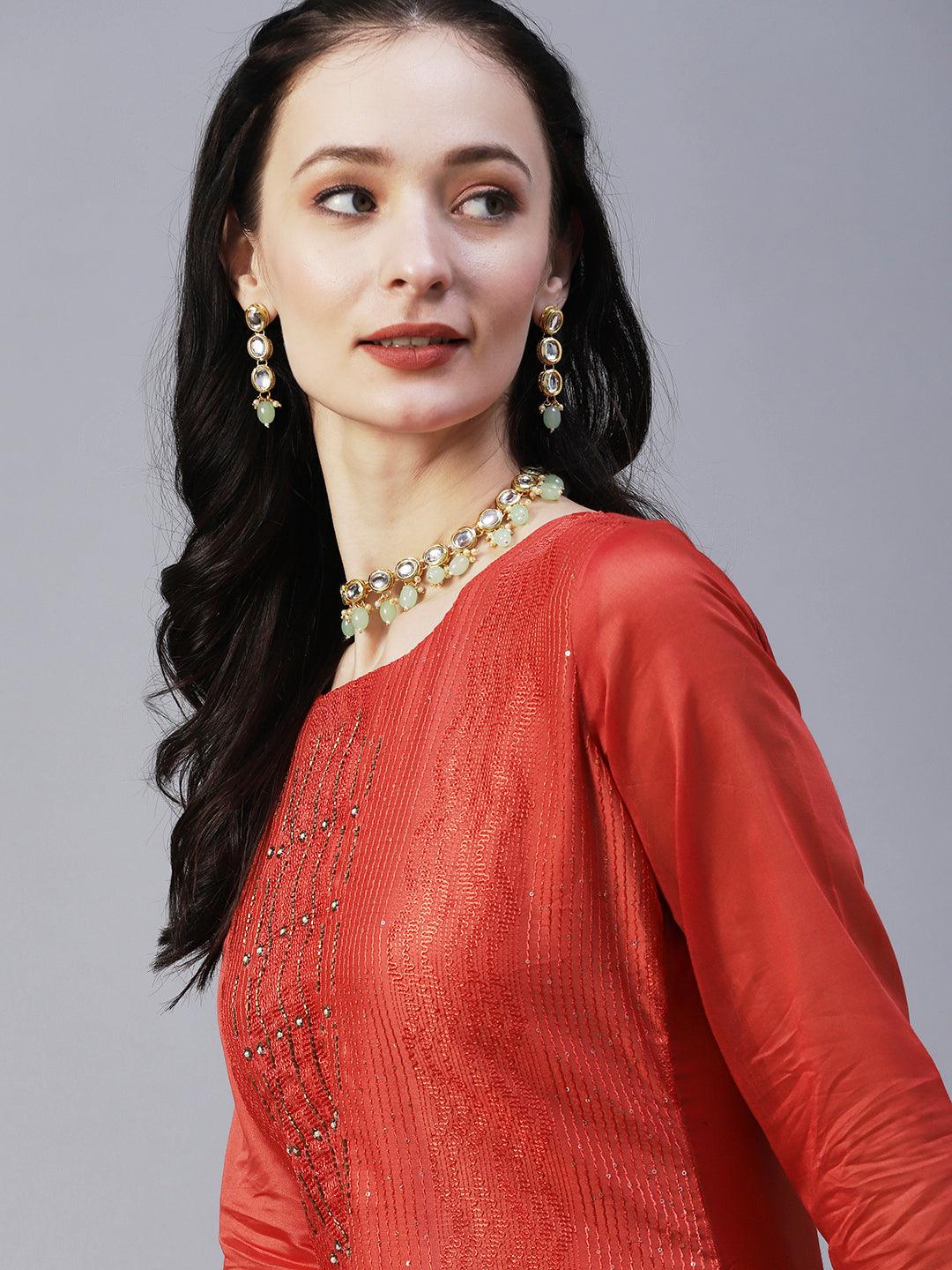 Solid Resham & Sequins Embroidered Kurta With Pants & Embroidered Dupatta - Orange - Indiakreations