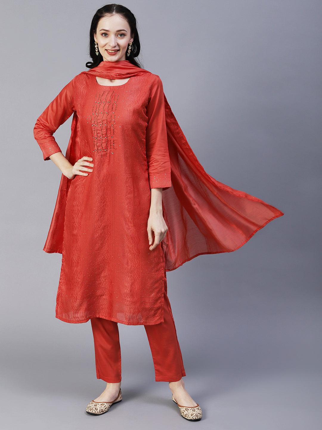 Solid Resham & Sequins Embroidered Kurta With Pants & Embroidered Dupatta - Orange - Indiakreations