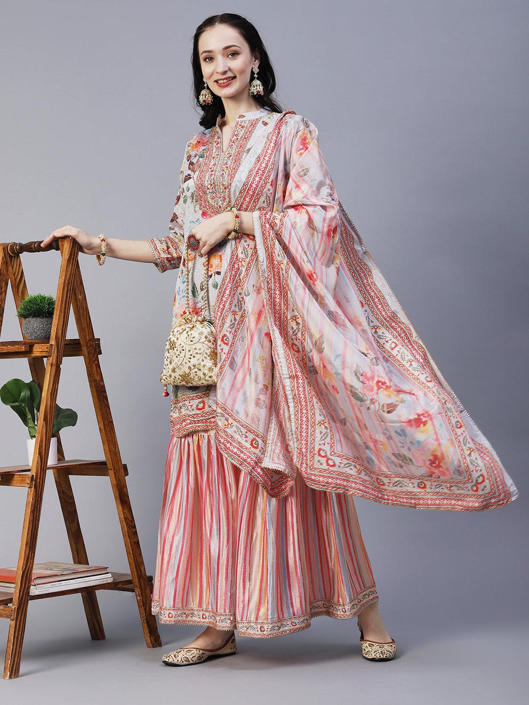 Abstract Floral Printed & Hand Embroidered Kurta with Sharara & Dupatta - Grey - Indiakreations