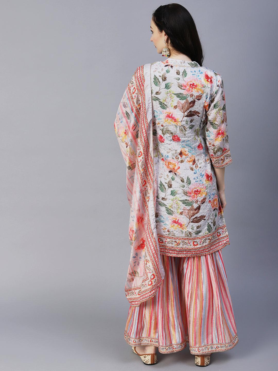 Abstract Floral Printed & Hand Embroidered Kurta with Sharara & Dupatta - Grey - Indiakreations