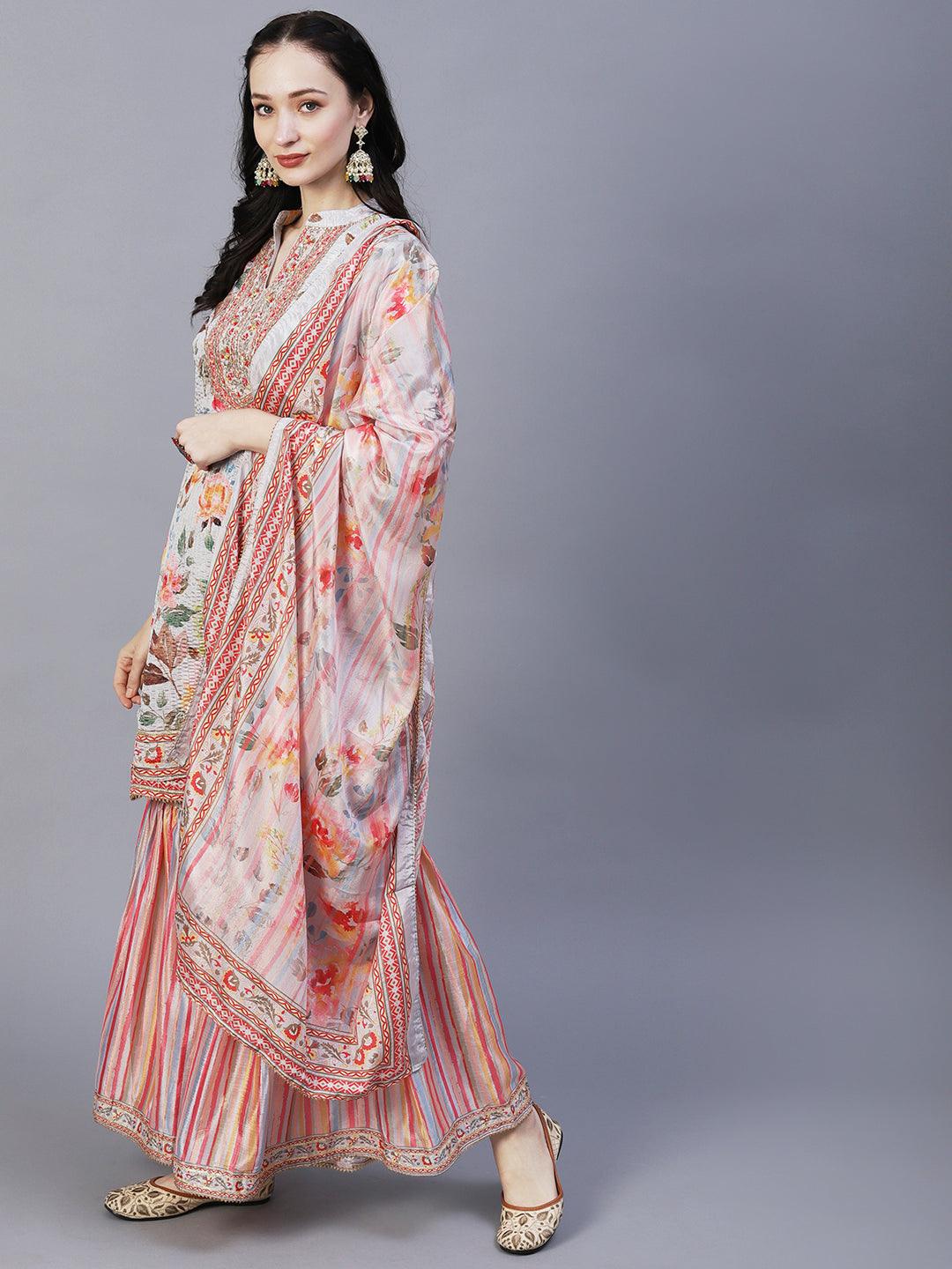 Abstract Floral Printed & Hand Embroidered Kurta with Sharara & Dupatta - Grey - Indiakreations