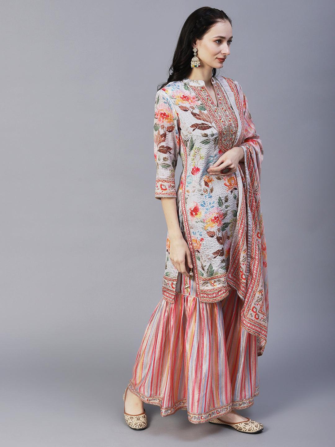 Abstract Floral Printed & Hand Embroidered Kurta with Sharara & Dupatta - Grey - Indiakreations