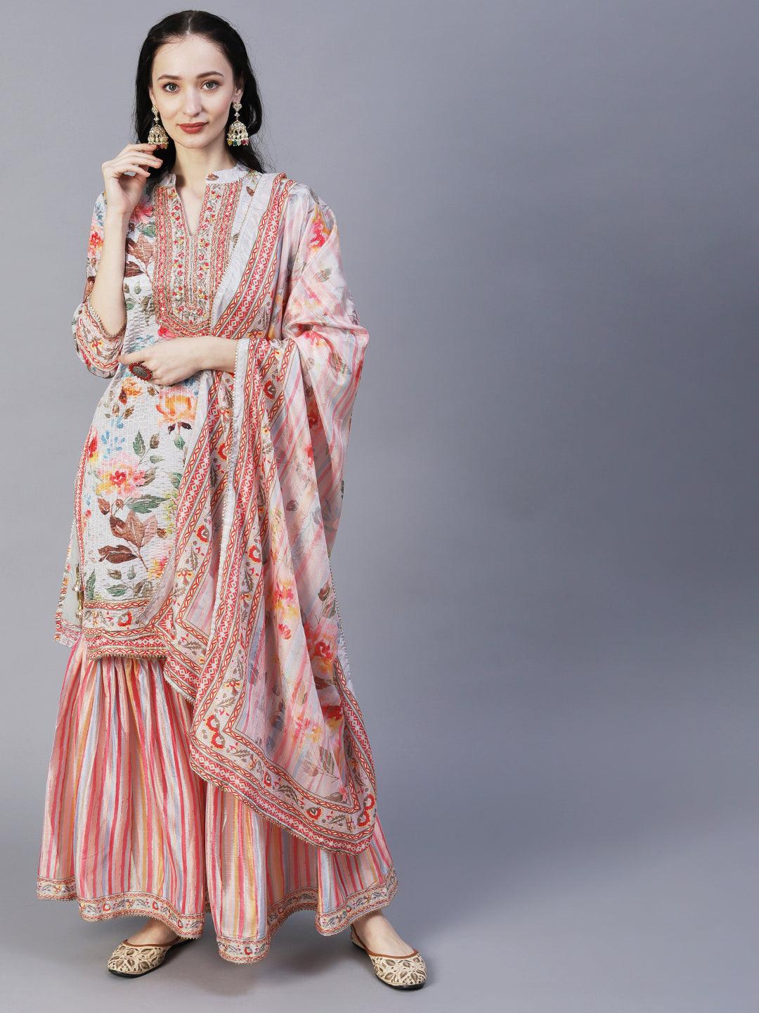 Abstract Floral Printed & Hand Embroidered Kurta with Sharara & Dupatta - Grey - Indiakreations