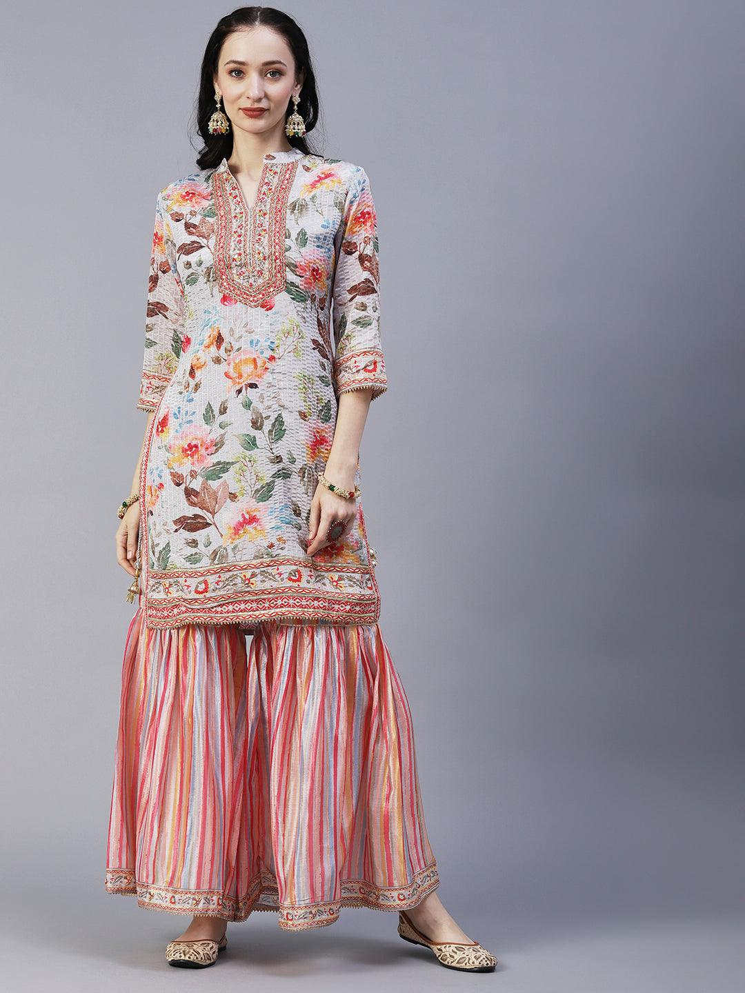 Abstract Floral Printed & Hand Embroidered Kurta with Sharara & Dupatta - Grey - Indiakreations