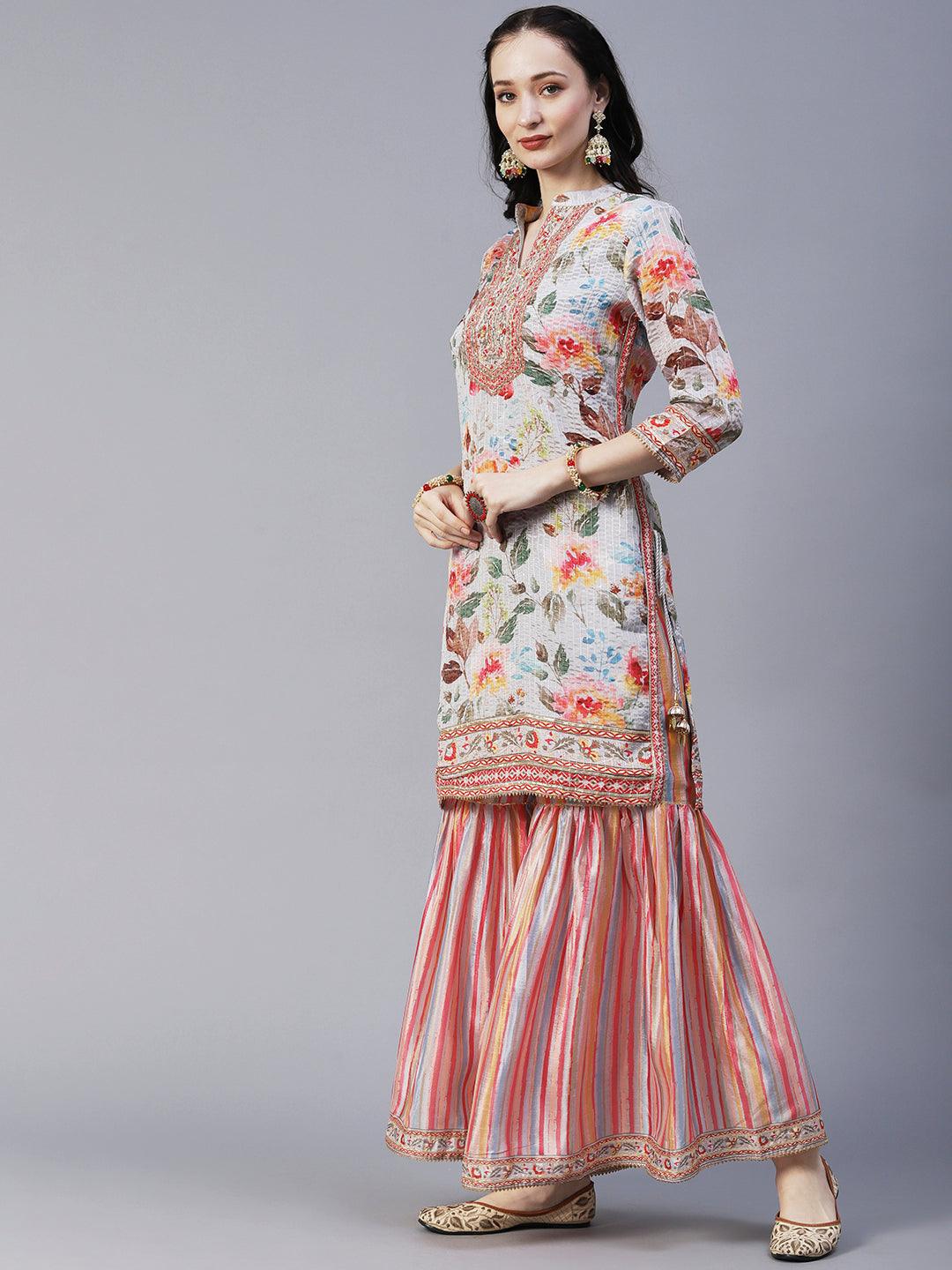 Abstract Floral Printed & Hand Embroidered Kurta with Sharara & Dupatta - Grey - Indiakreations