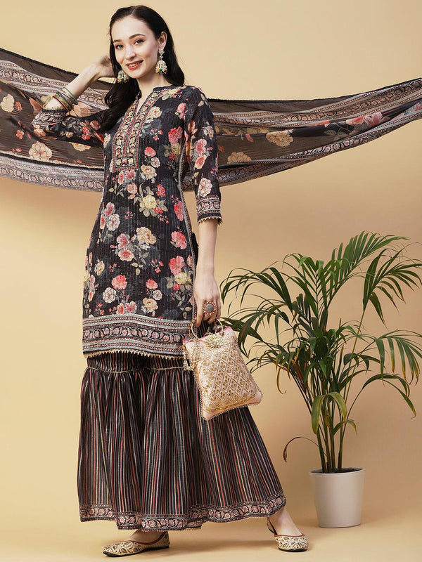 Floral Printed & Hand Embroidered Straight Kurta with Sharara & Dupatta - Black - Indiakreations