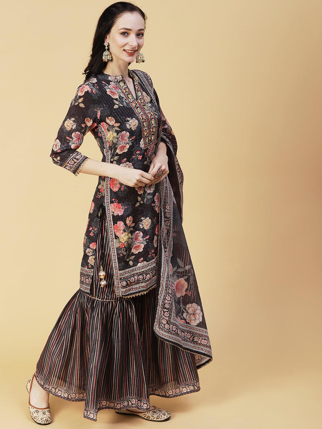 Floral Printed & Hand Embroidered Straight Kurta with Sharara & Dupatta - Black - Indiakreations