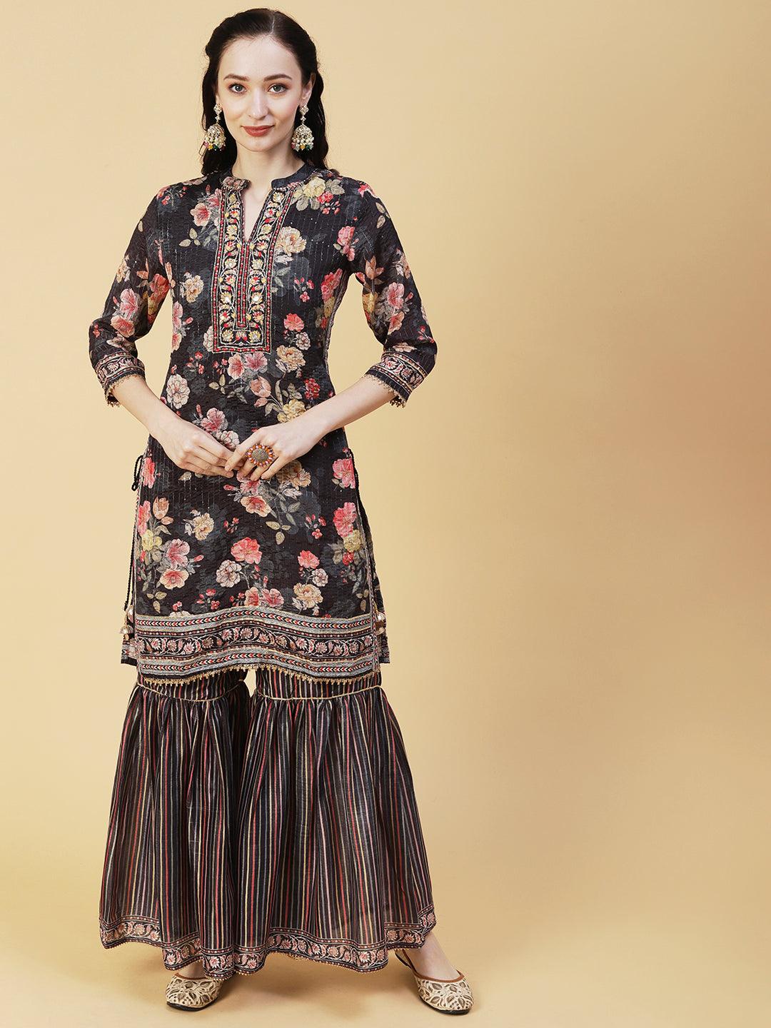 Floral Printed & Hand Embroidered Straight Kurta with Sharara & Dupatta - Black - Indiakreations