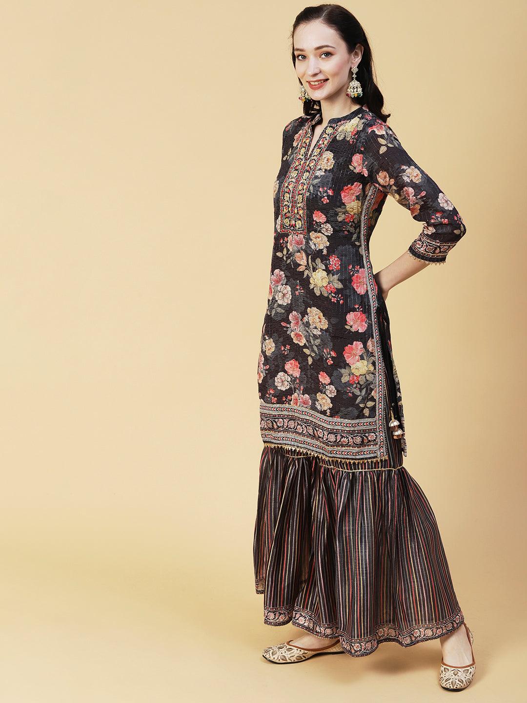 Floral Printed & Hand Embroidered Straight Kurta with Sharara & Dupatta - Black - Indiakreations