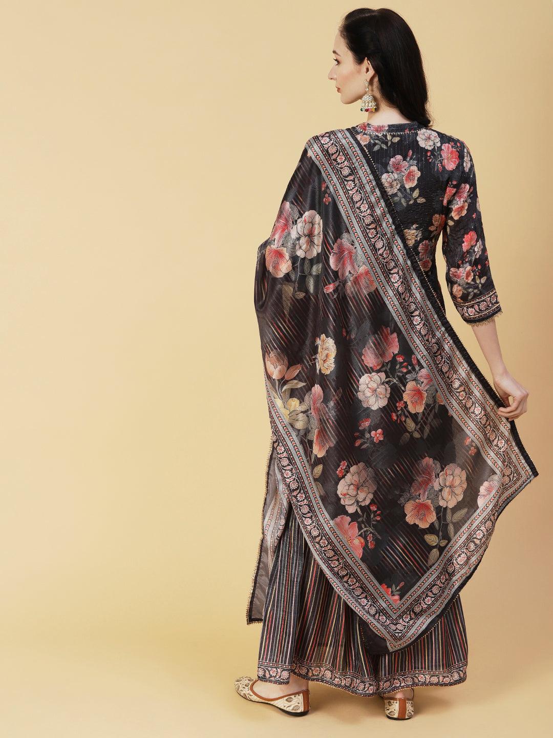 Floral Printed & Hand Embroidered Straight Kurta with Sharara & Dupatta - Black - Indiakreations