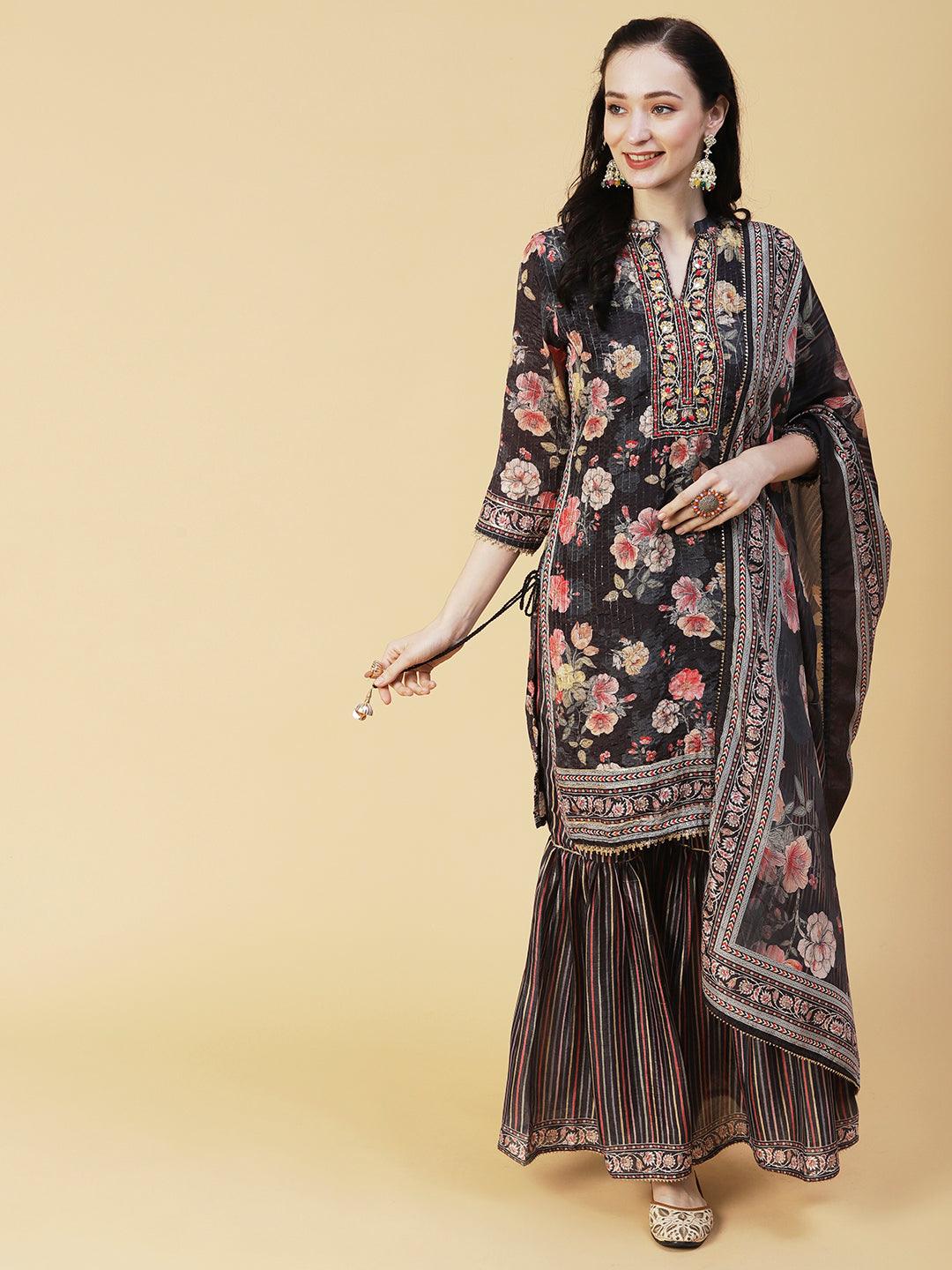 Floral Printed & Hand Embroidered Straight Kurta with Sharara & Dupatta - Black - Indiakreations