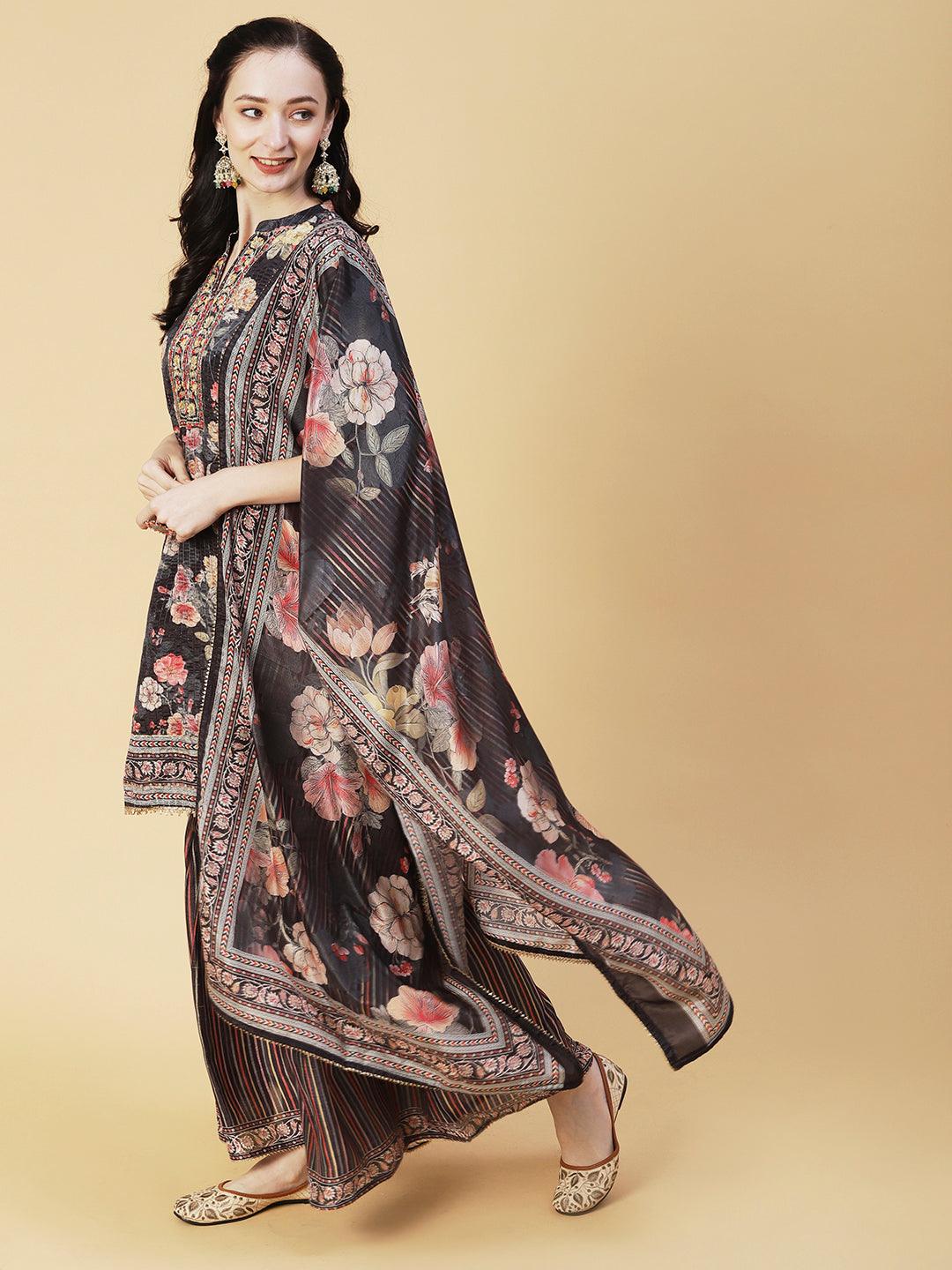 Floral Printed & Hand Embroidered Straight Kurta with Sharara & Dupatta - Black - Indiakreations