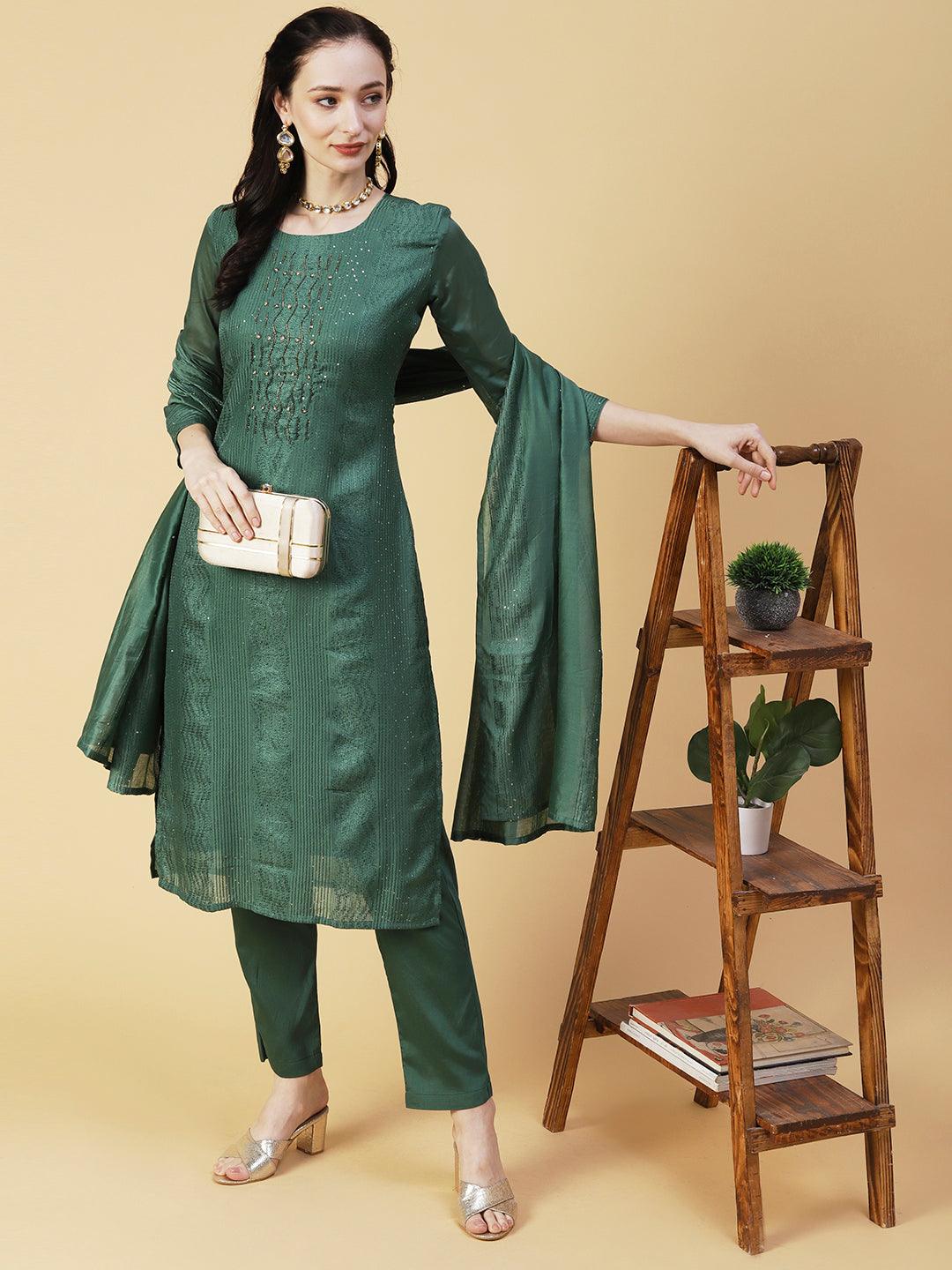 Solid Resham & Sequins Embroidered Kurta With Pants & Embroidered Dupatta - Green - Indiakreations