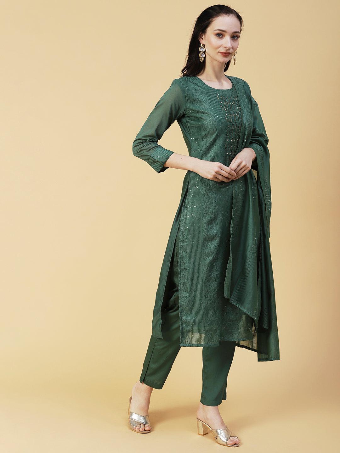 Solid Resham & Sequins Embroidered Kurta With Pants & Embroidered Dupatta - Green - Indiakreations