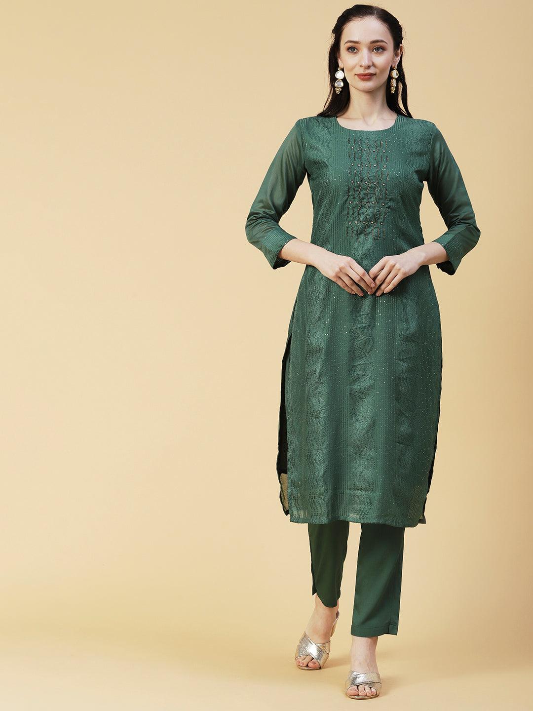 Solid Resham & Sequins Embroidered Kurta With Pants & Embroidered Dupatta - Green - Indiakreations