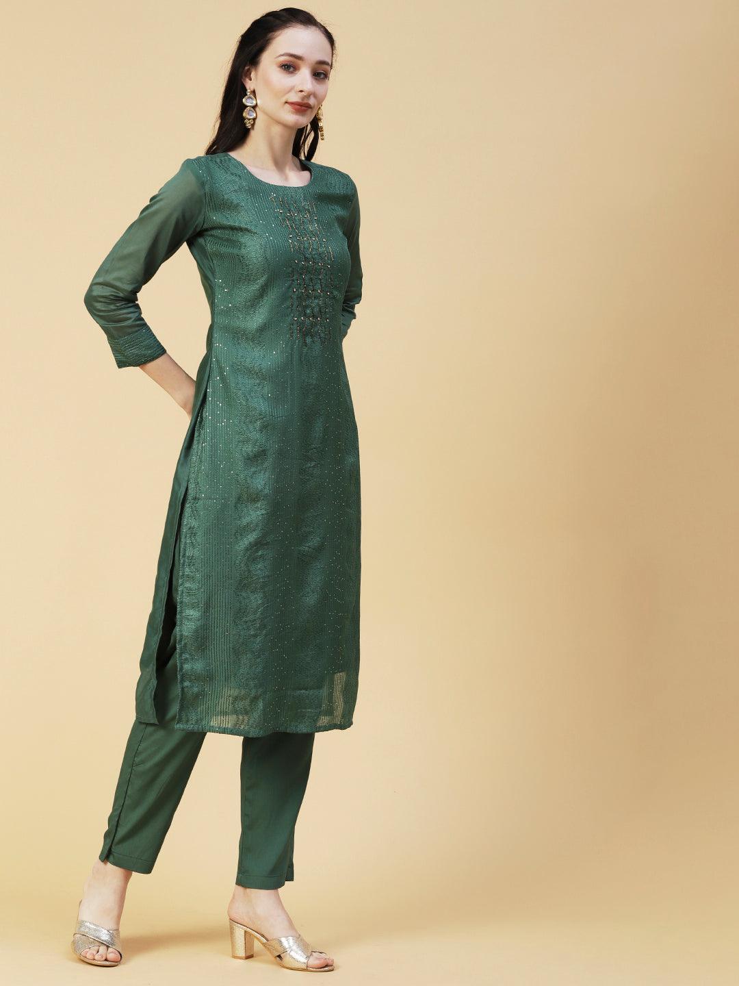 Solid Resham & Sequins Embroidered Kurta With Pants & Embroidered Dupatta - Green - Indiakreations