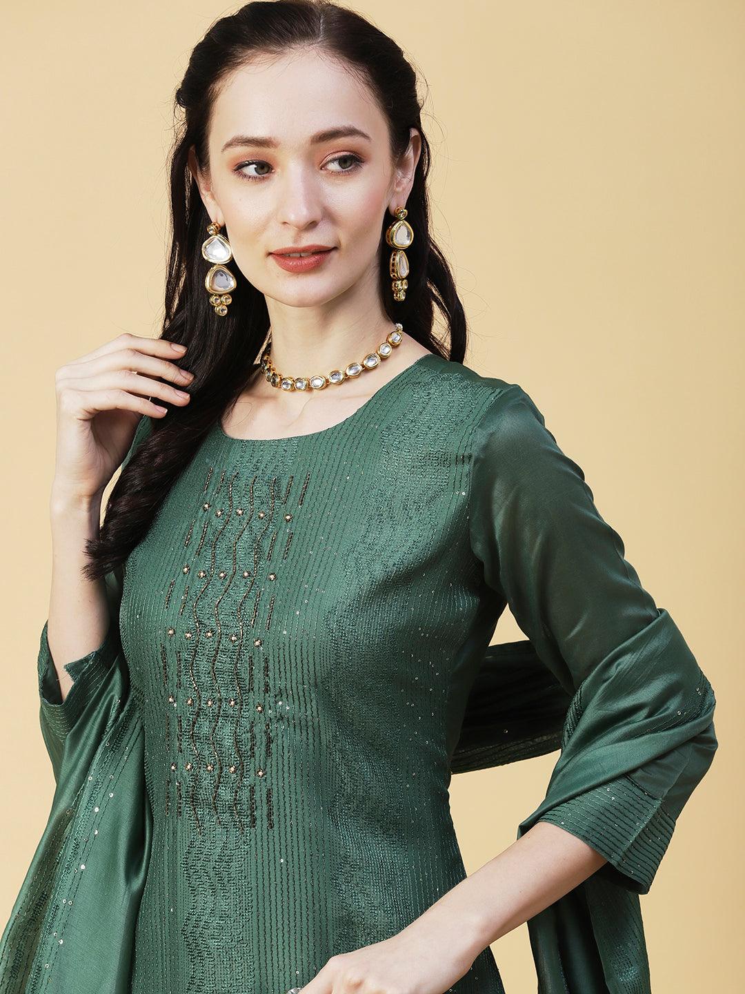 Solid Resham & Sequins Embroidered Kurta With Pants & Embroidered Dupatta - Green - Indiakreations