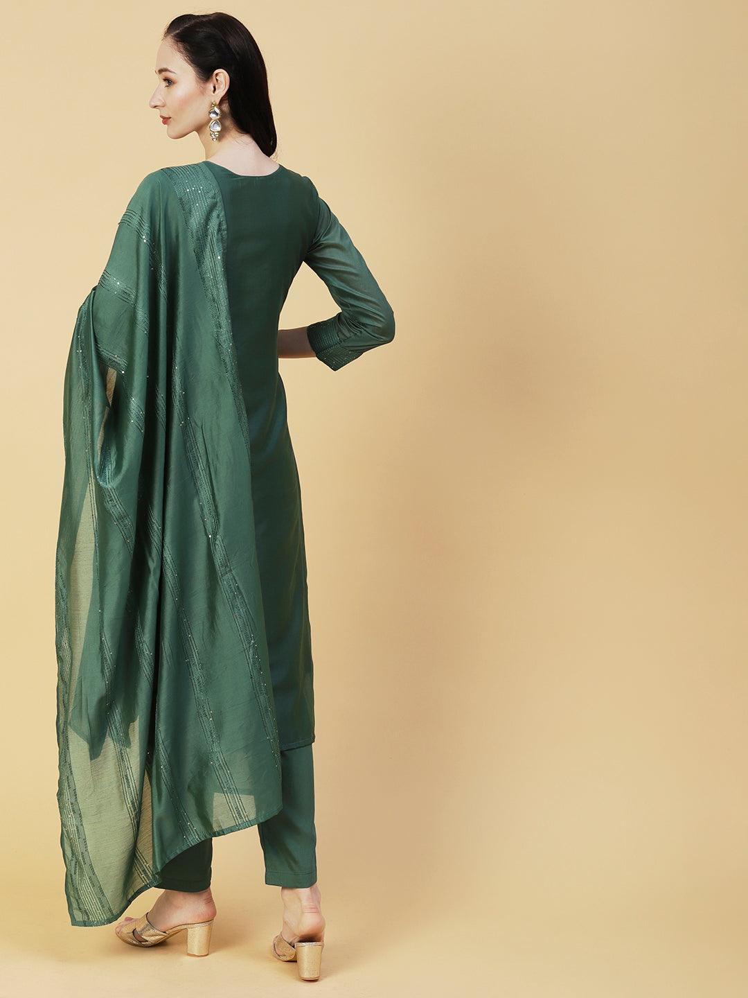 Solid Resham & Sequins Embroidered Kurta With Pants & Embroidered Dupatta - Green - Indiakreations