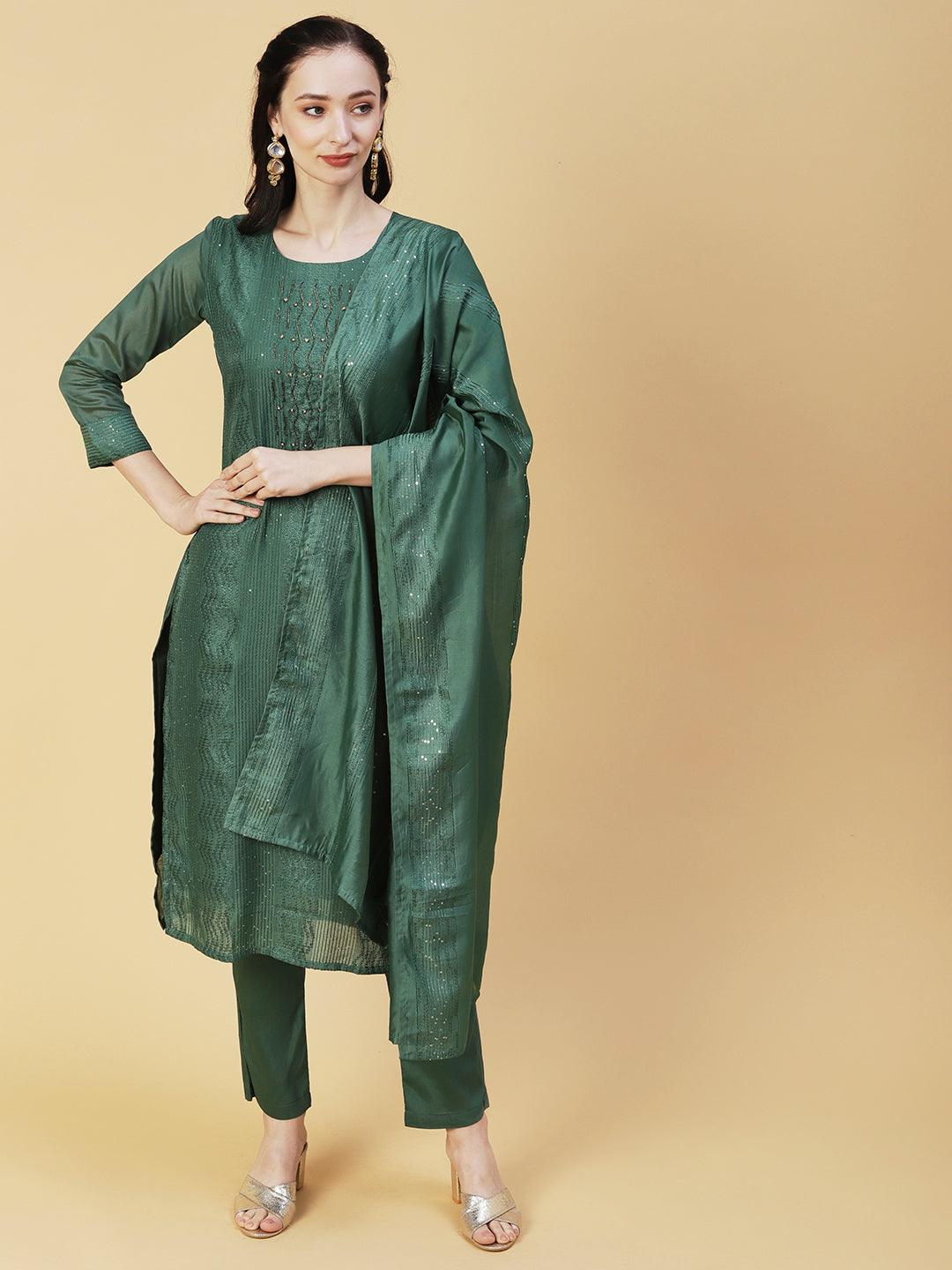 Solid Resham & Sequins Embroidered Kurta With Pants & Embroidered Dupatta - Green - Indiakreations