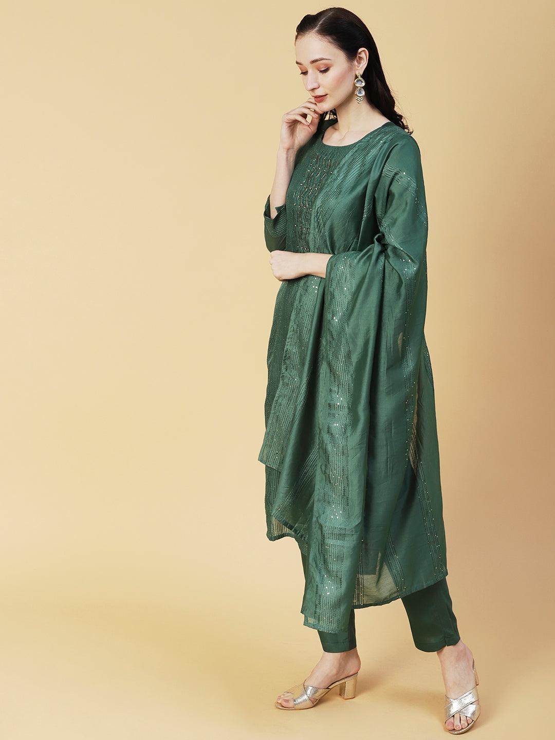 Solid Resham & Sequins Embroidered Kurta With Pants & Embroidered Dupatta - Green - Indiakreations