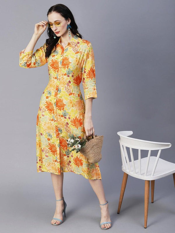 Floral Printed A-Line Midi Dress with Belt - Yellow - Indiakreations