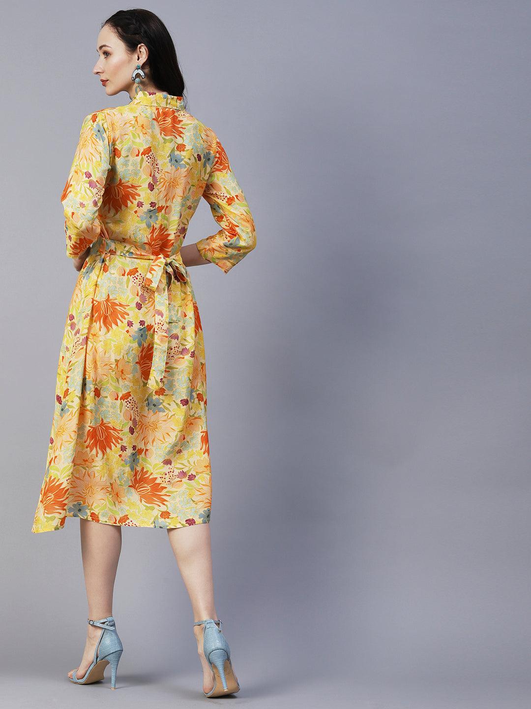 Floral Printed A-Line Midi Dress with Belt - Yellow - Indiakreations