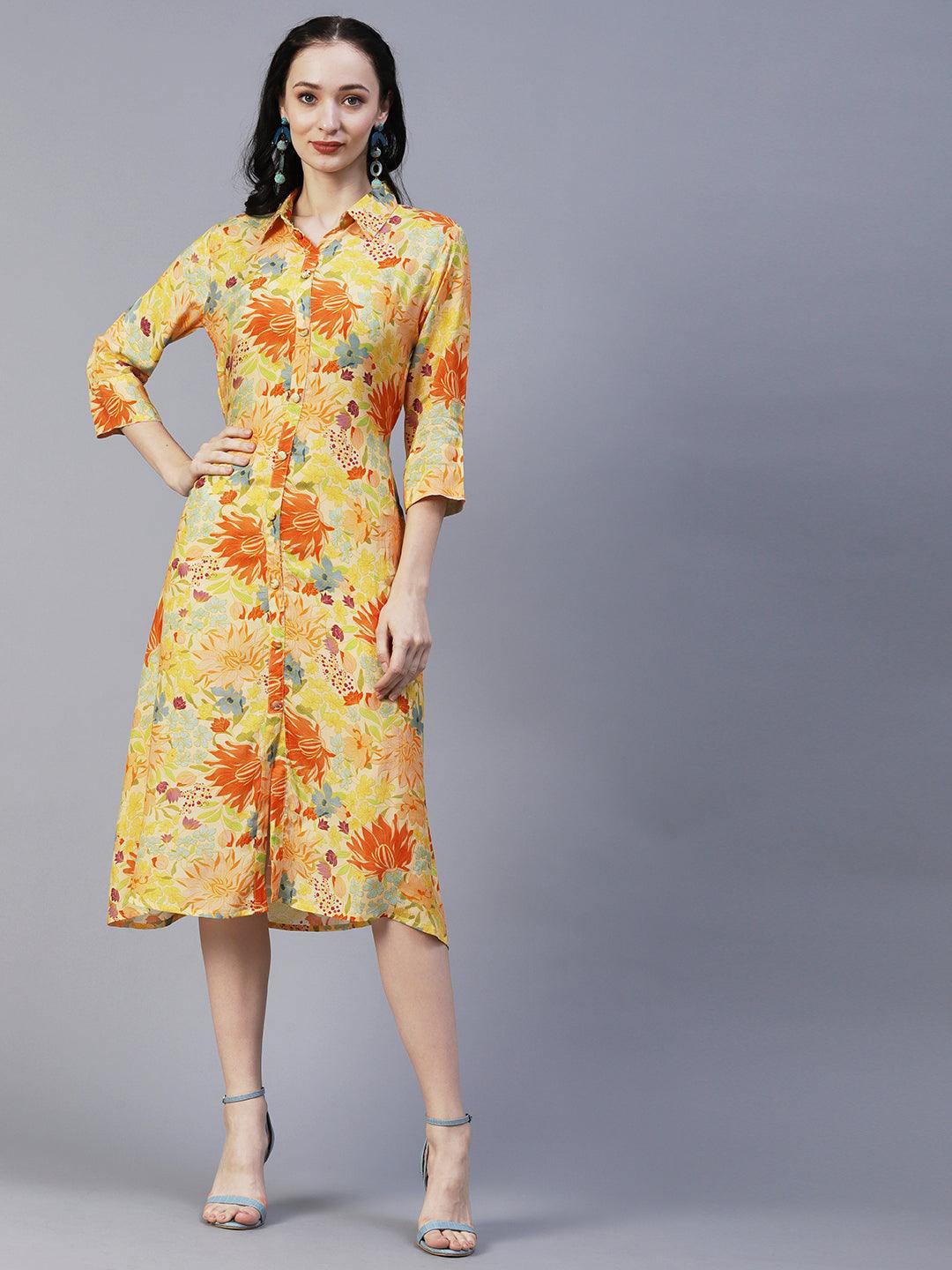 Floral Printed A-Line Midi Dress with Belt - Yellow - Indiakreations