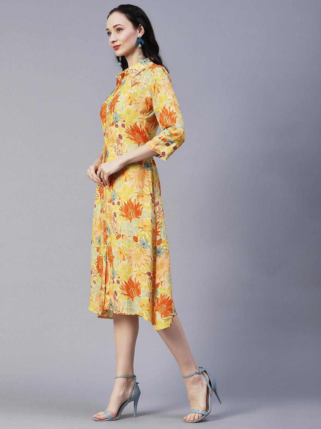 Floral Printed A-Line Midi Dress with Belt - Yellow - Indiakreations