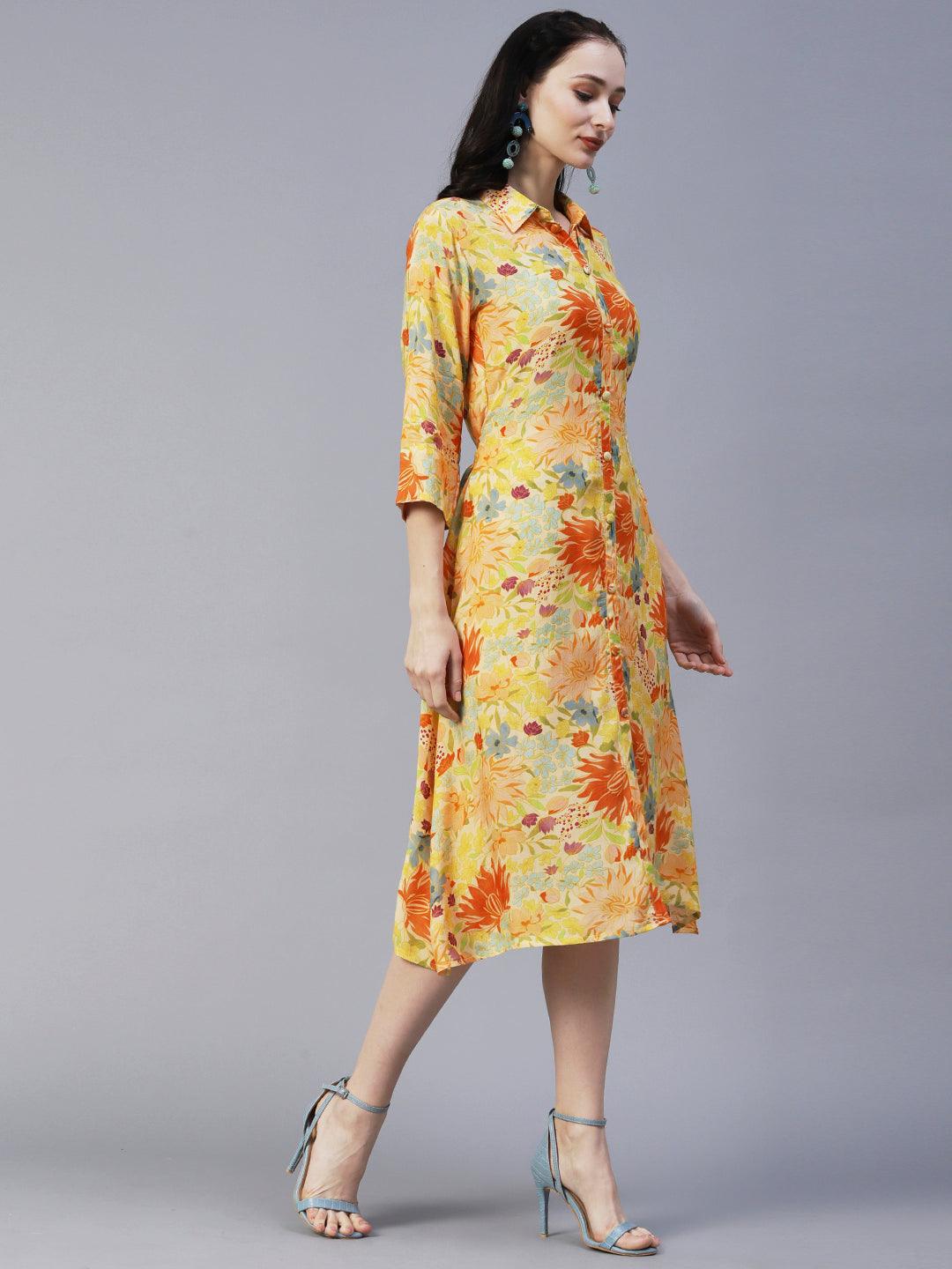 Floral Printed A-Line Midi Dress with Belt - Yellow - Indiakreations