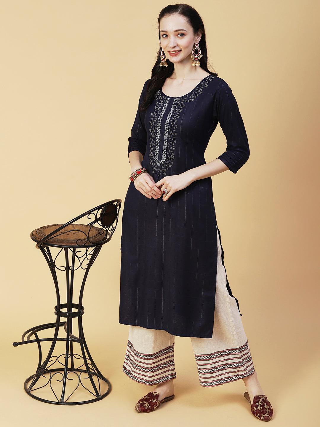 Checks & Stripes Woven & Hand Embroidered Straight Fit Kurta - Navy Blue - Indiakreations