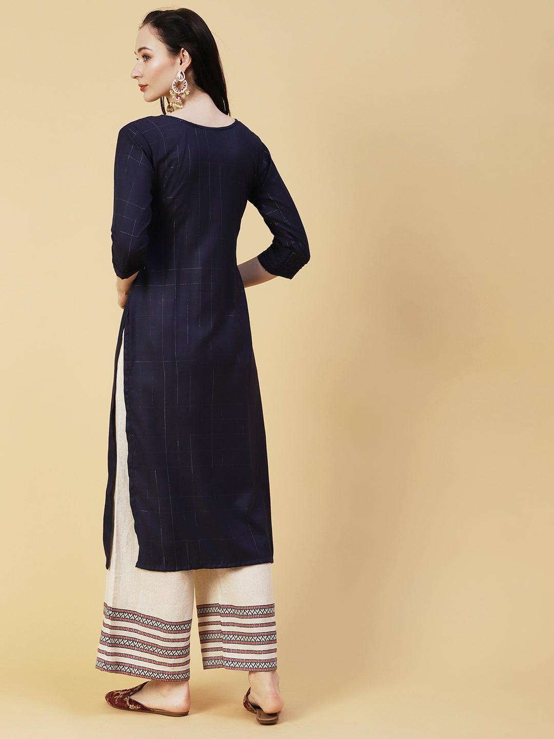 Checks & Stripes Woven & Hand Embroidered Straight Fit Kurta - Navy Blue - Indiakreations