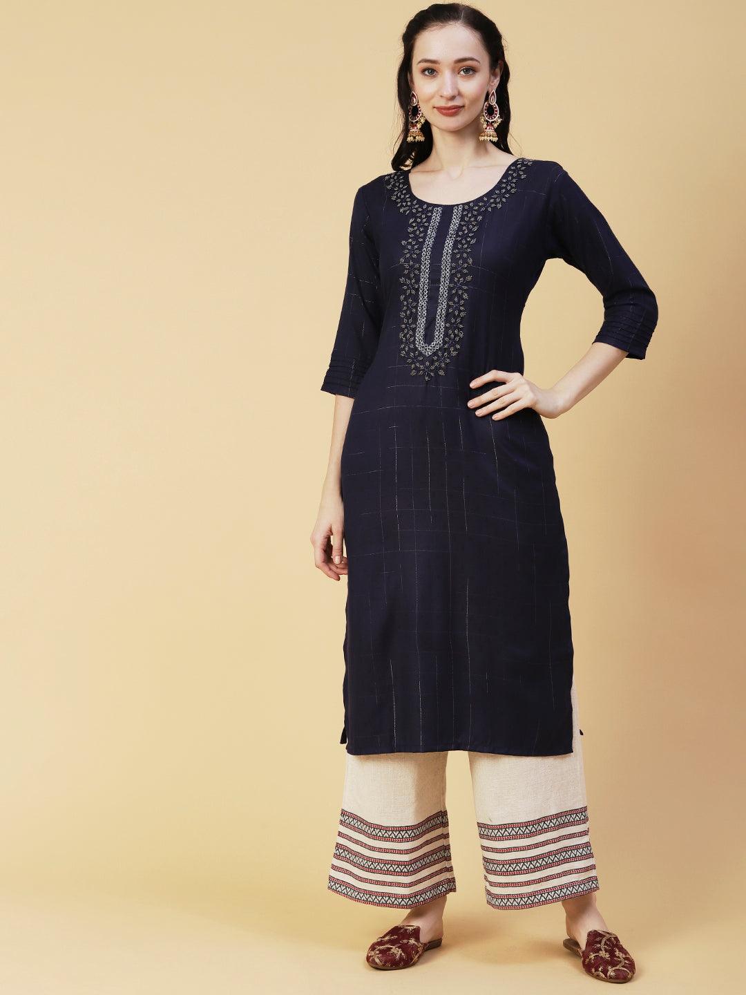 Checks & Stripes Woven & Hand Embroidered Straight Fit Kurta - Navy Blue - Indiakreations