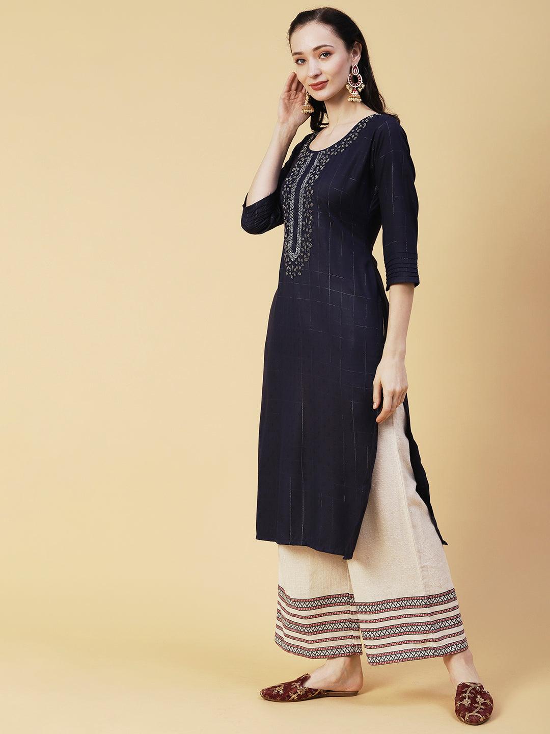 Checks & Stripes Woven & Hand Embroidered Straight Fit Kurta - Navy Blue - Indiakreations