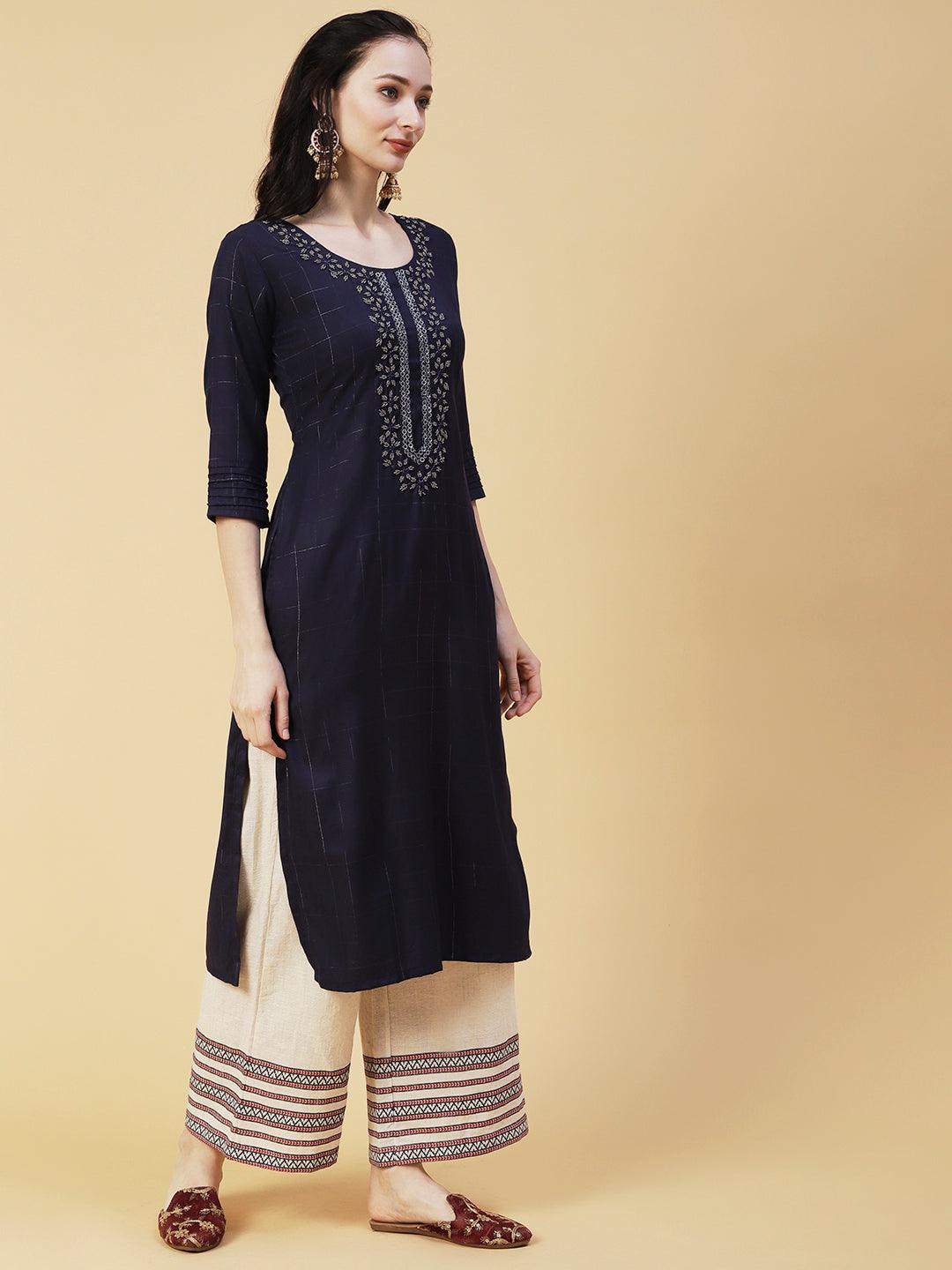 Checks & Stripes Woven & Hand Embroidered Straight Fit Kurta - Navy Blue - Indiakreations