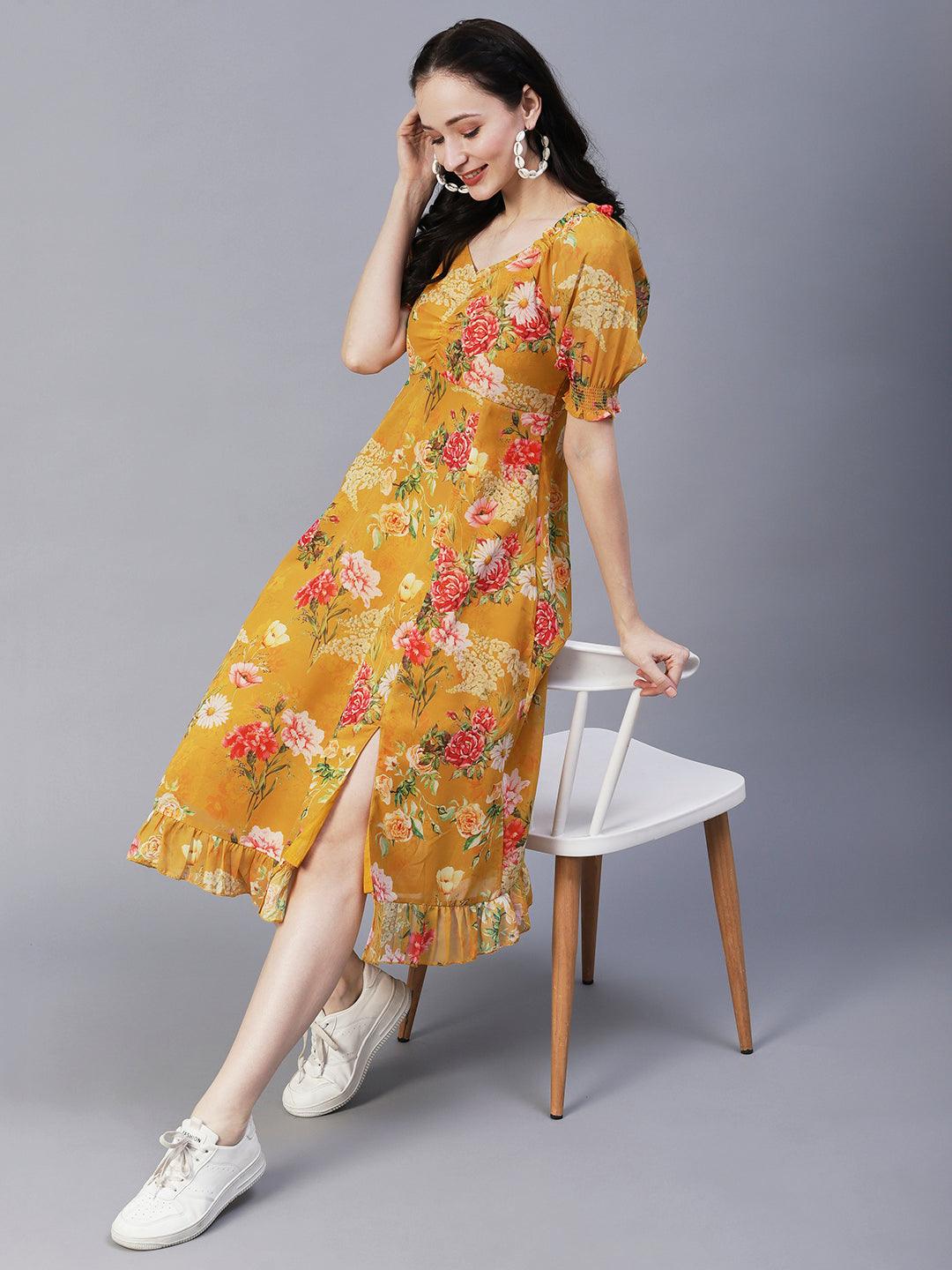 Floral Printed A-Line Flared Midi Dress - Mustard - Indiakreations