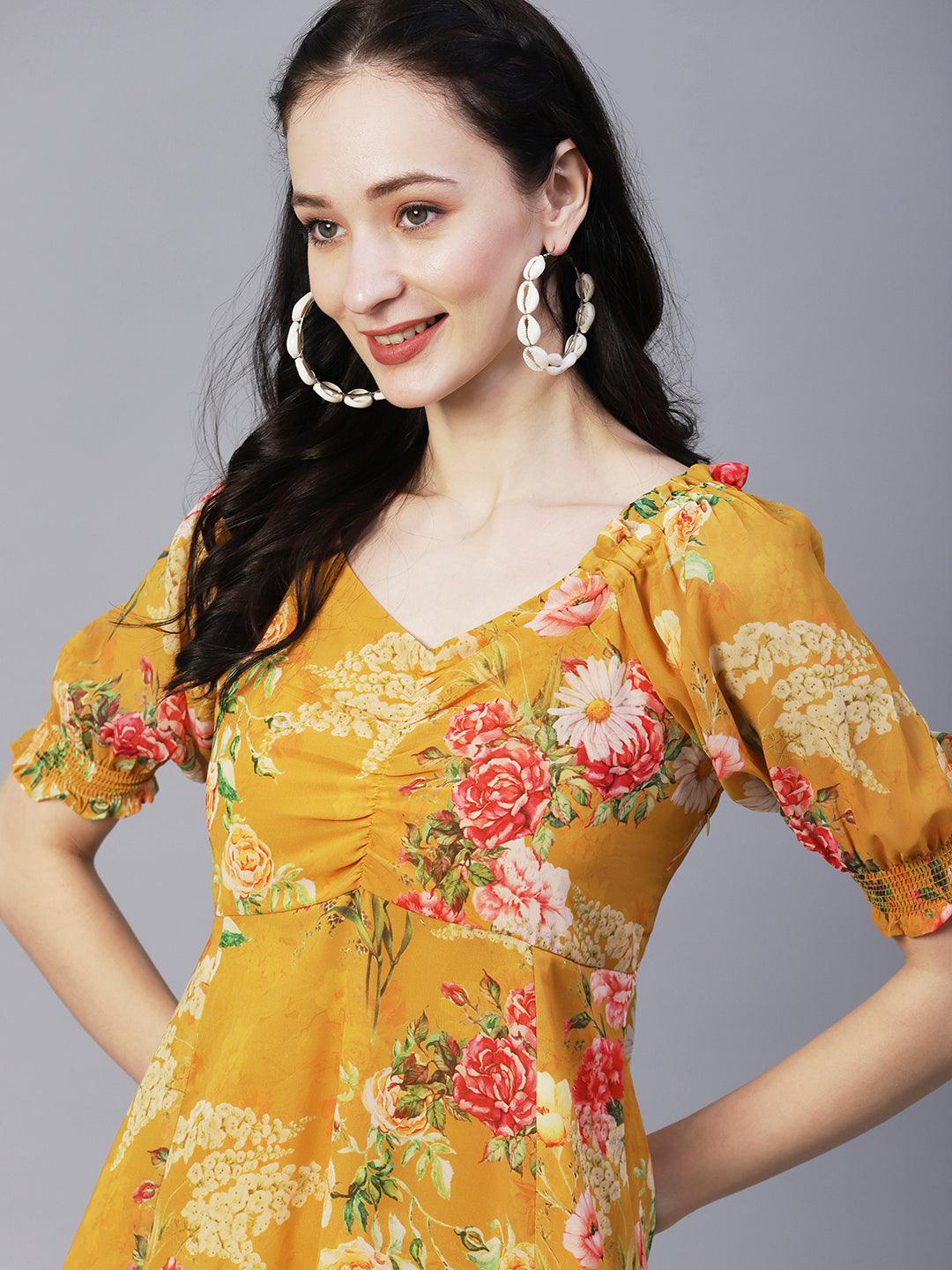 Floral Printed A-Line Flared Midi Dress - Mustard - Indiakreations