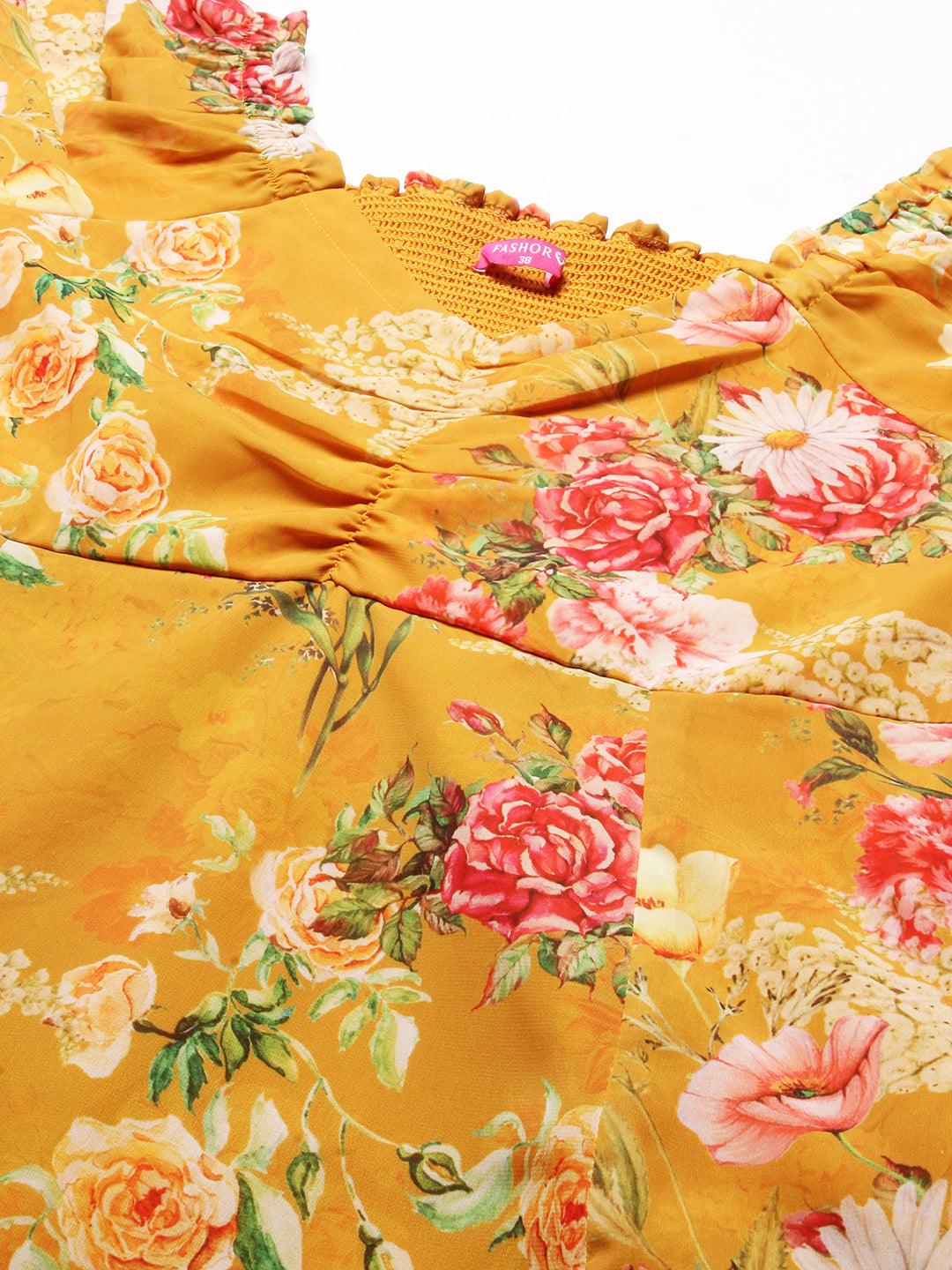 Floral Printed A-Line Flared Midi Dress - Mustard - Indiakreations