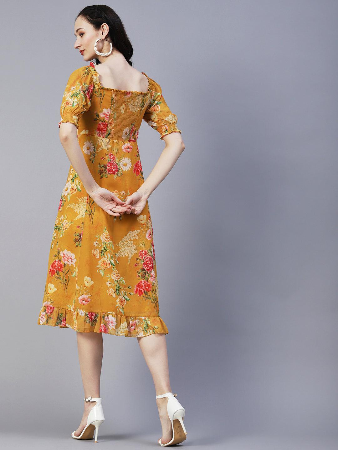 Floral Printed A-Line Flared Midi Dress - Mustard - Indiakreations