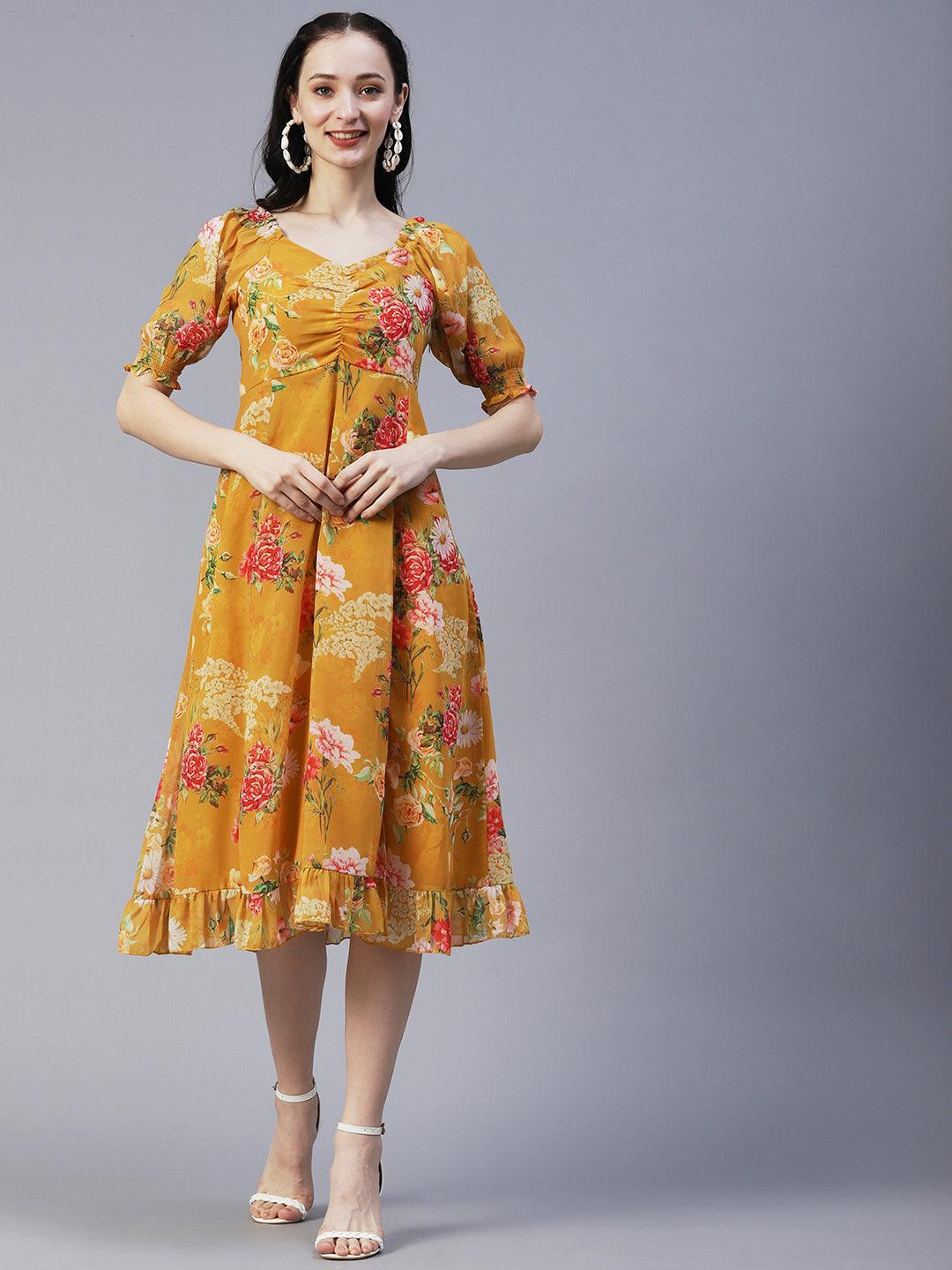 Floral Printed A-Line Flared Midi Dress - Mustard - Indiakreations