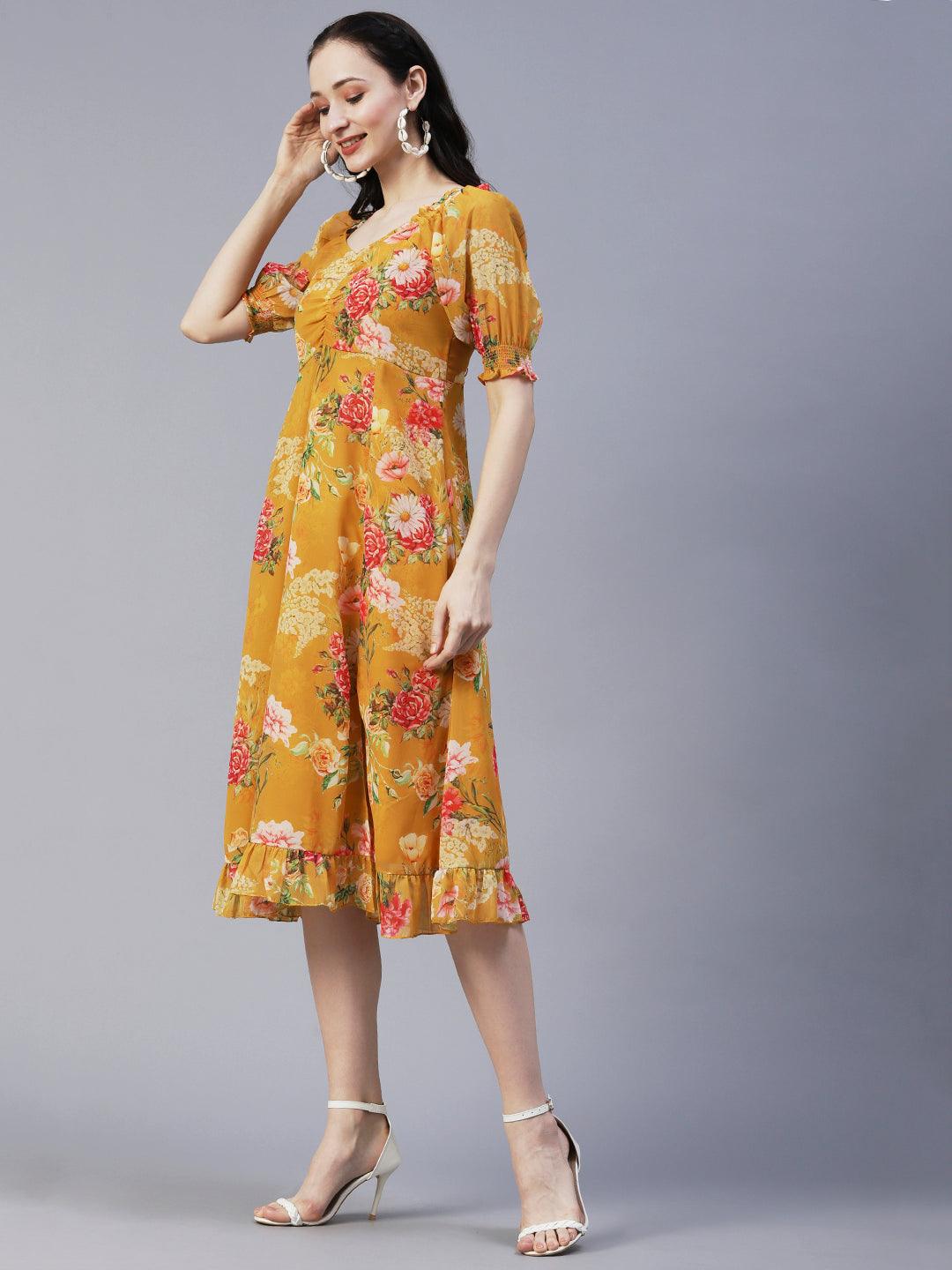 Floral Printed A-Line Flared Midi Dress - Mustard - Indiakreations